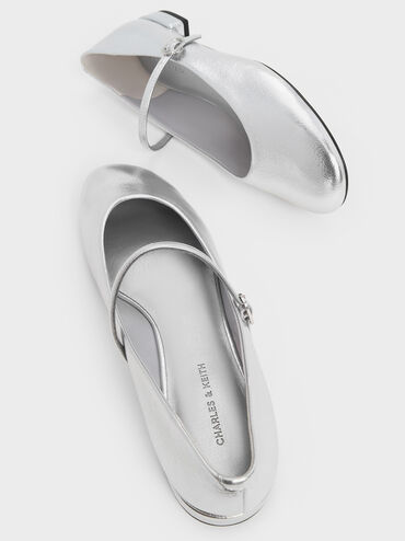 Gertrude Metallic Round-Toe Mary Janes, Silver, hi-res