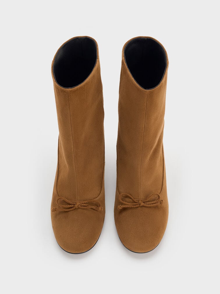 Aretha Suede Bow Kitten-Heel Calf Boots, Brown, hi-res