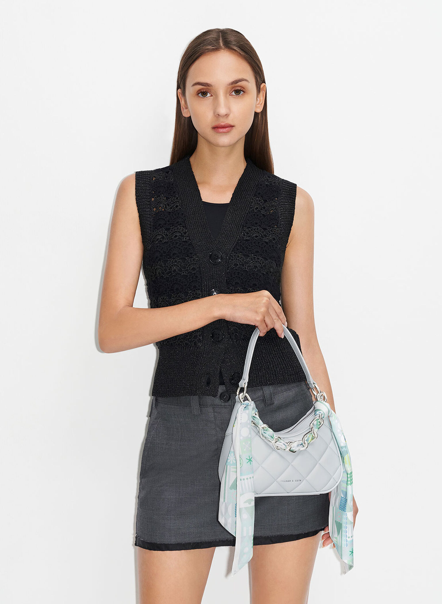 Mini Alcott Scarf Handle Quilted Bag, Light Grey, hi-res