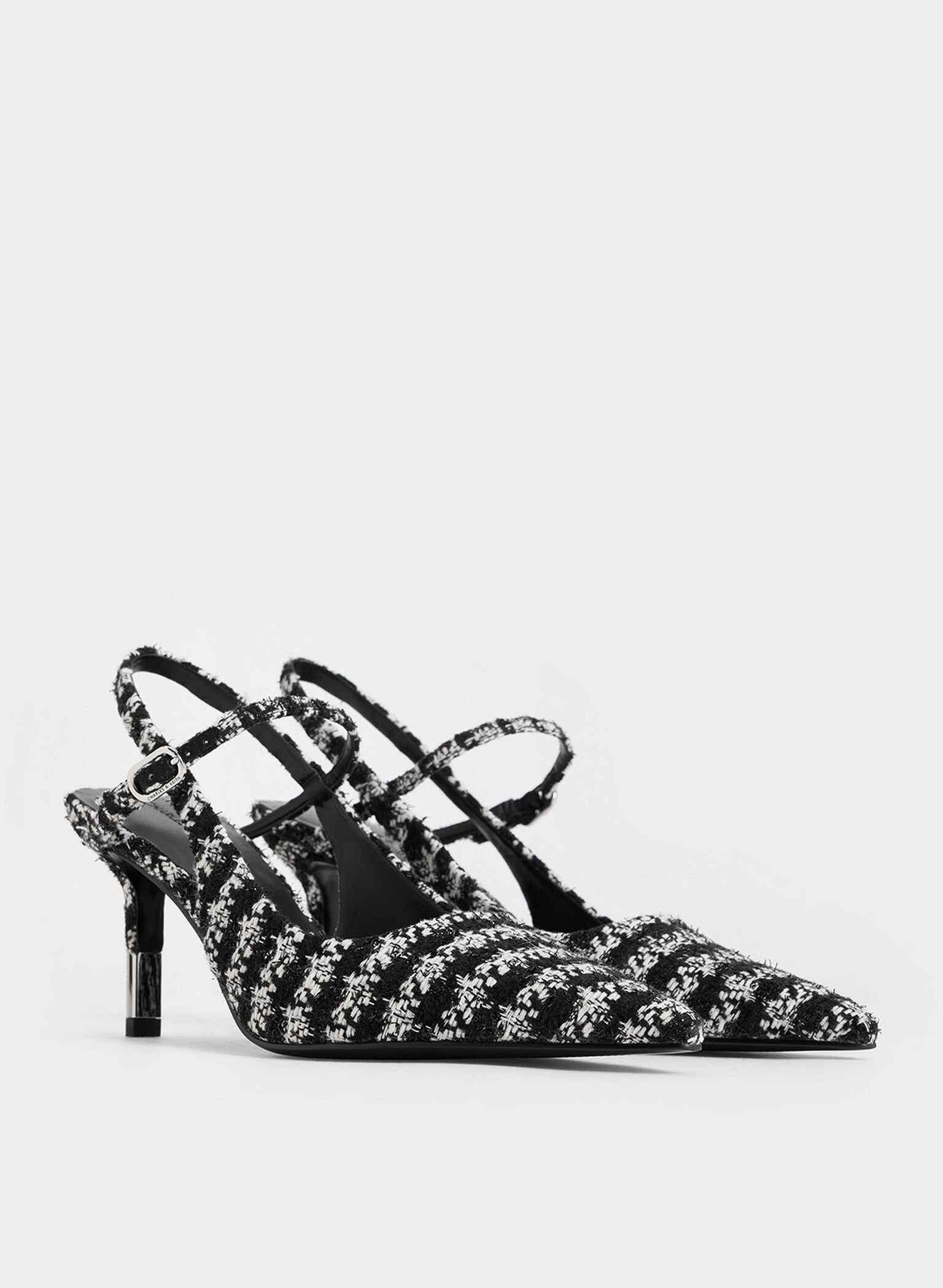 Tweed Two-Tone Heel Slingback Pumps, Black Textured, hi-res