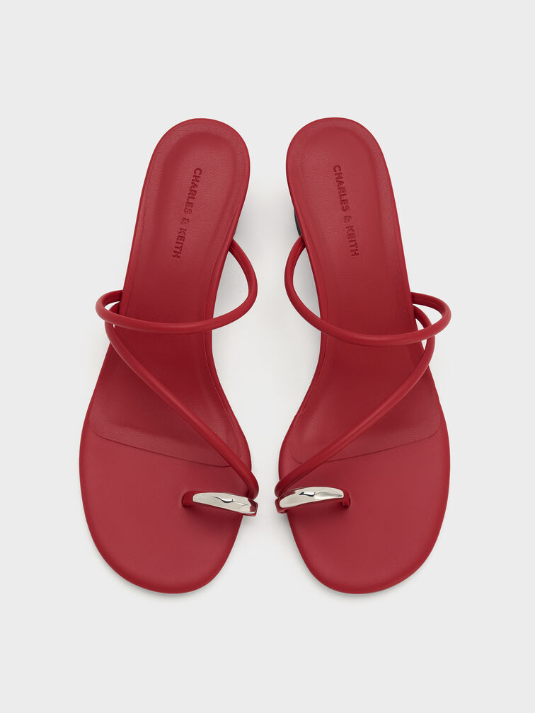 Metallic-Accent Strappy Toe-Ring Heeled Sandals, Red, hi-res