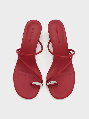 Metallic-Accent Strappy Toe-Ring Heeled Sandals, Red, hi-res