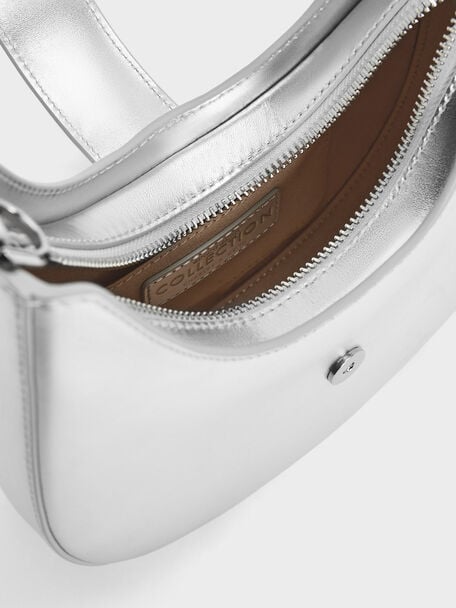 Gabine Metallic Leather Gem-Embellished Hobo Bag, Silver, hi-res