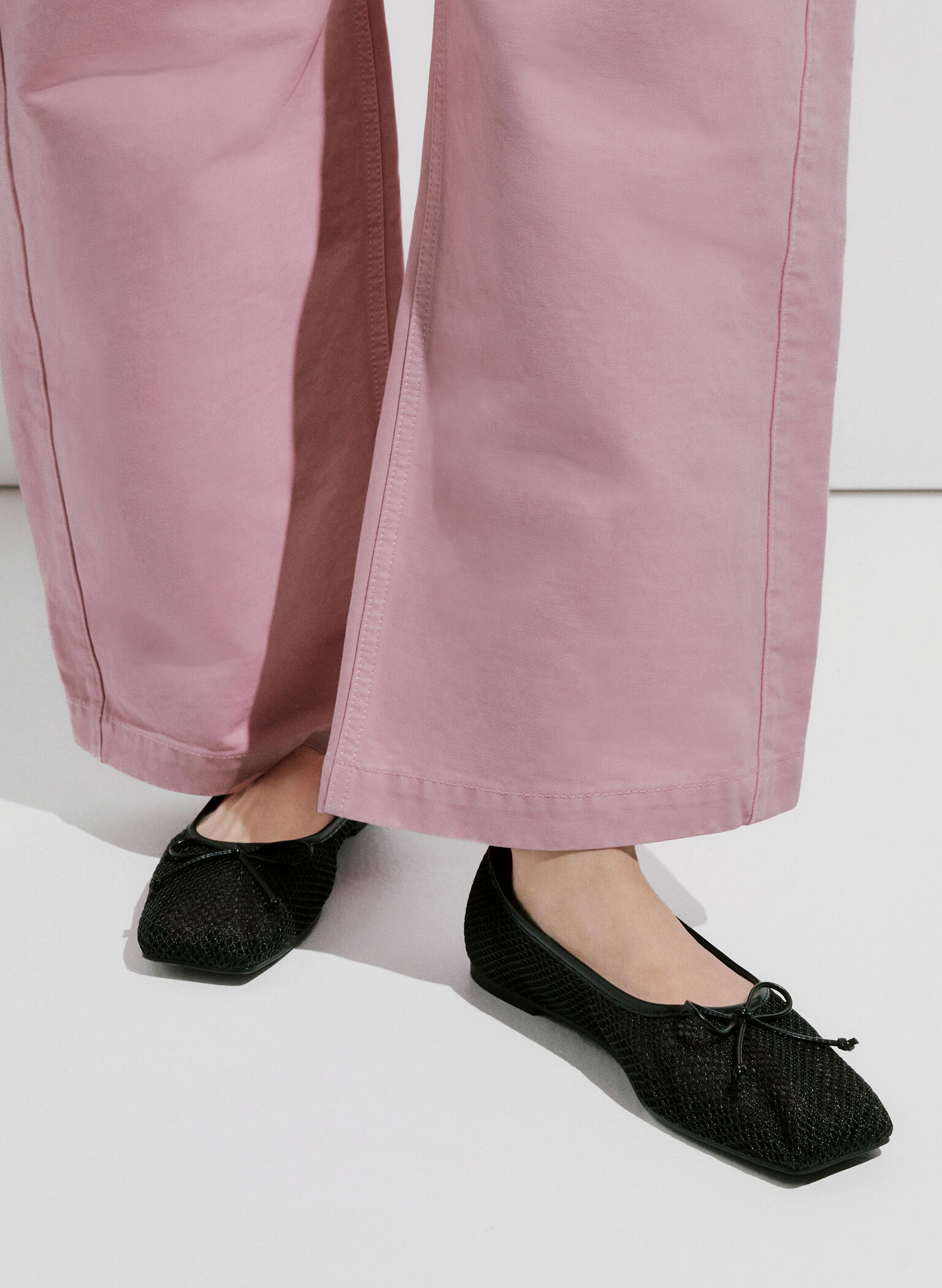 Mesh Square-Toe Bow Ballet Flats, Black Textured, hi-res