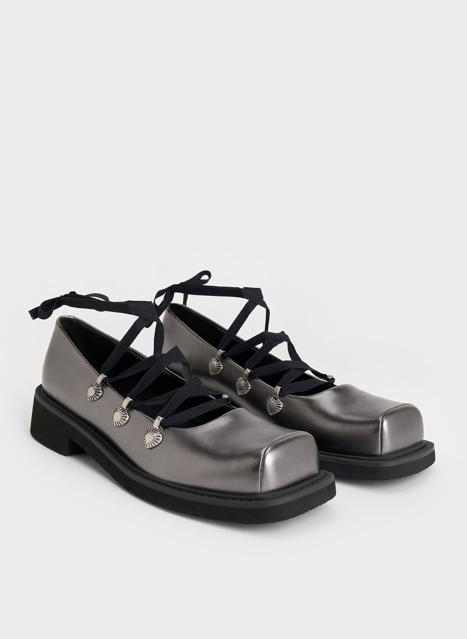 Metallic Heart-Embellished Lace-Up Ballet Flats, Pewter, hi-res