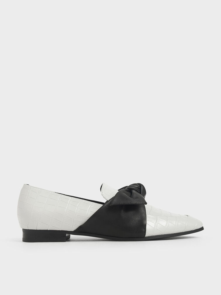 Croc-Effect Leather Bow-Tie Loafers, White, hi-res