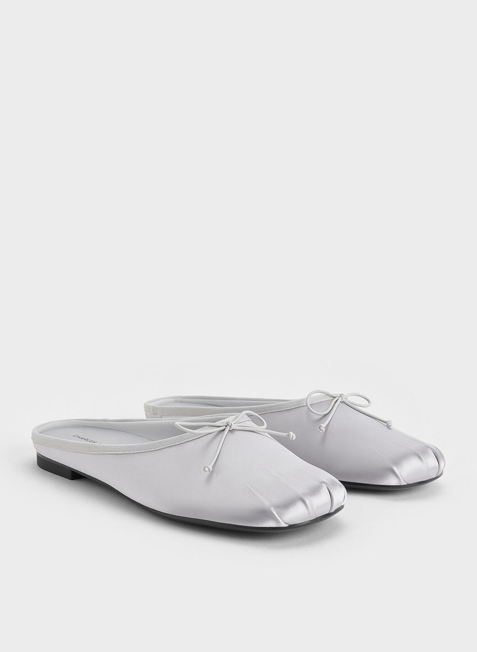 Satin Bow Flat Mules, Silver, hi-res