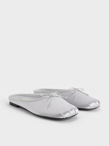 Satin Bow Flat Mules, Silver, hi-res