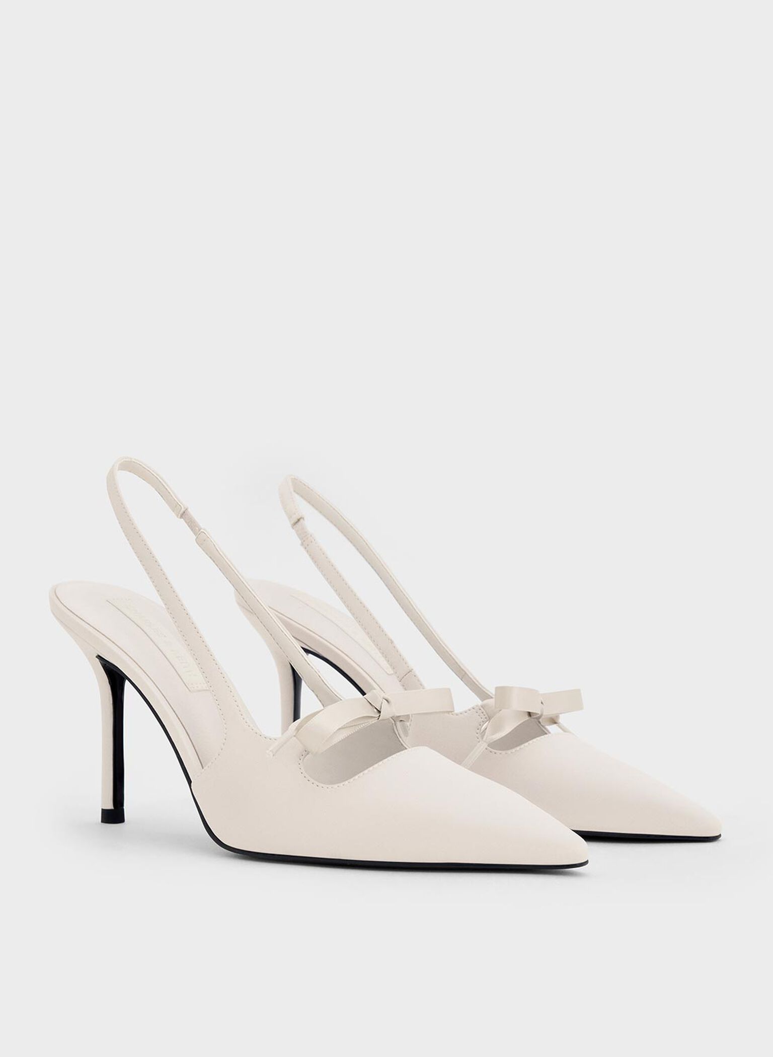 Satin Bow Pointed-Toe Slingback Pumps, Light Grey, hi-res
