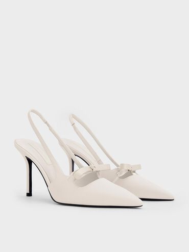 Satin Bow Pointed-Toe Slingback Pumps, Light Grey, hi-res