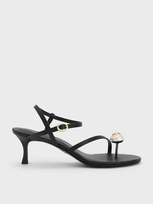 Pearl Embellished Strappy Sandals, Black, hi-res