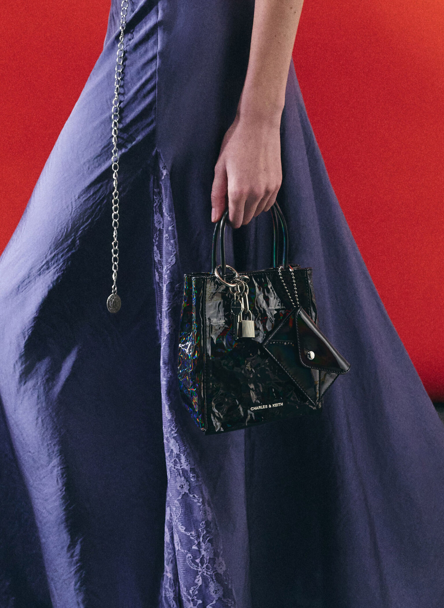 Matina Patent Crinkle-Effect Elongated Tote Bag, Prism Noir, hi-res