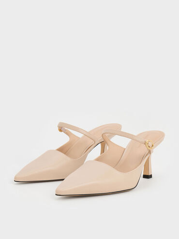 Buckle-Strap Heeled Mules, Nude, hi-res