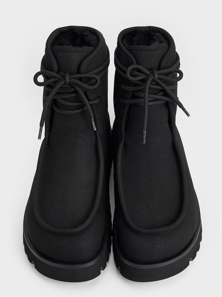 Textured Fur-Lined Ridged-Sole Ankle Boots, Black, hi-res