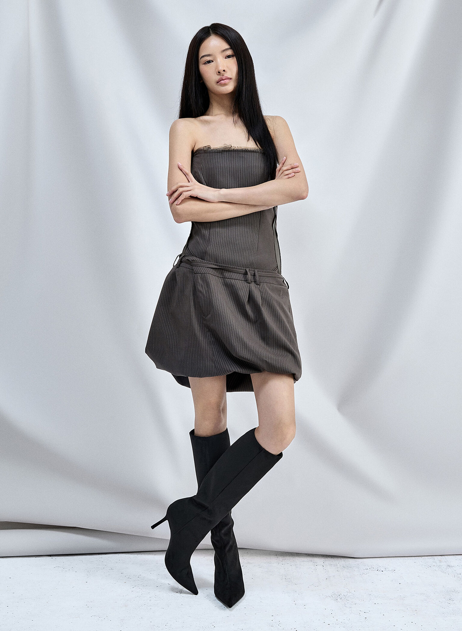 Faux Suede Pointed-Toe Stiletto-Heel Knee-High Boots, Black Textured, hi-res
