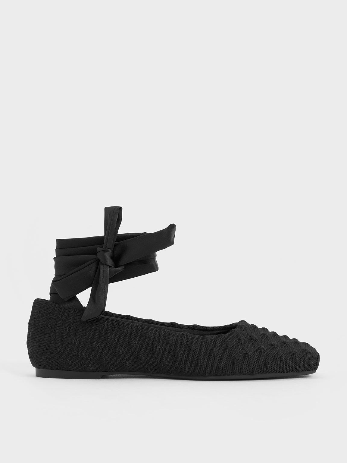 Black Spike Textured Tie Around Ballet Flats CHARLES KEITH UK