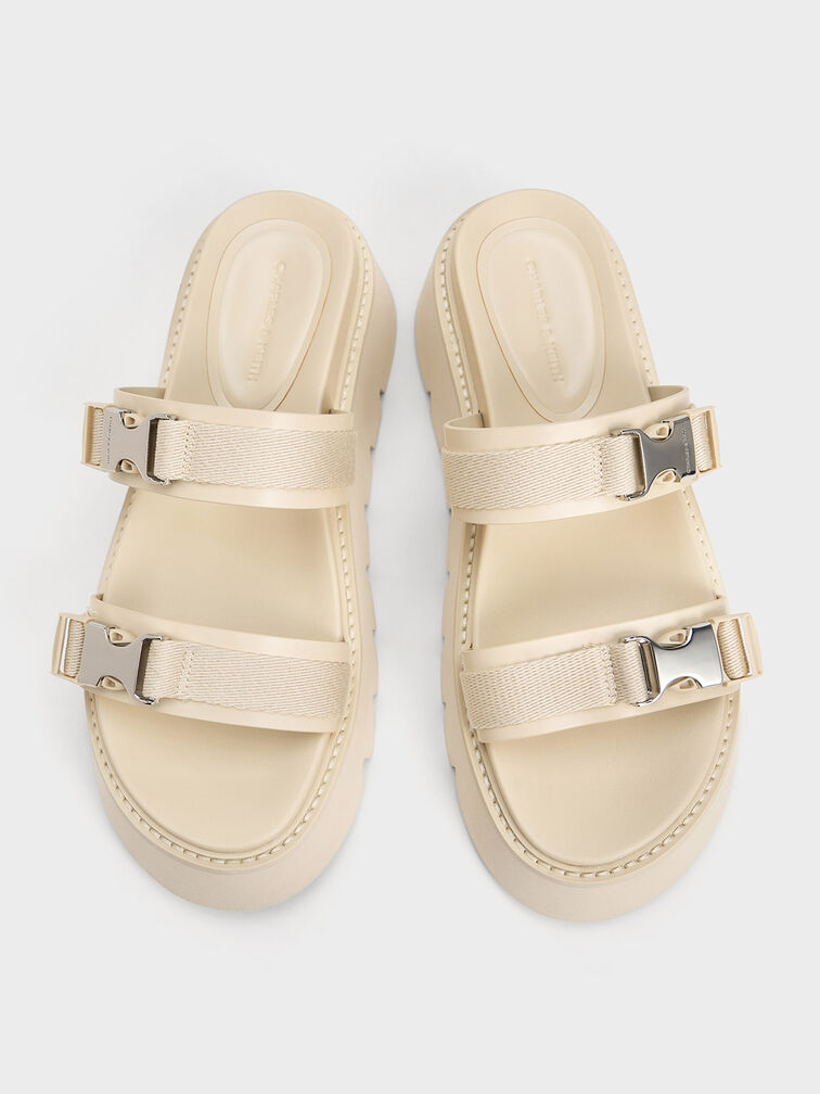 Laine Metallic-Buckle Flatform Sandals, Beige, hi-res