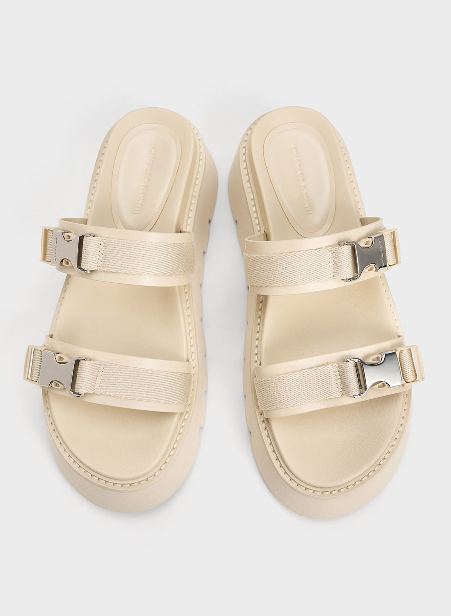 Laine Metallic-Buckle Flatform Sandals, Beige, hi-res