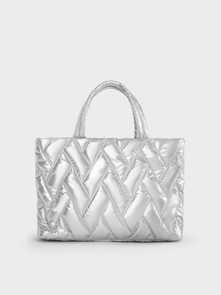 Nylon Chevron Boxy Tote Bag, Silver, hi-res
