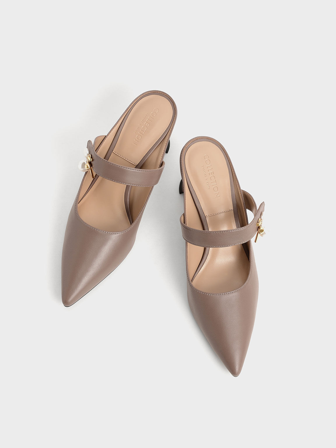 Leather Bead Embellished Mules, Taupe, hi-res
