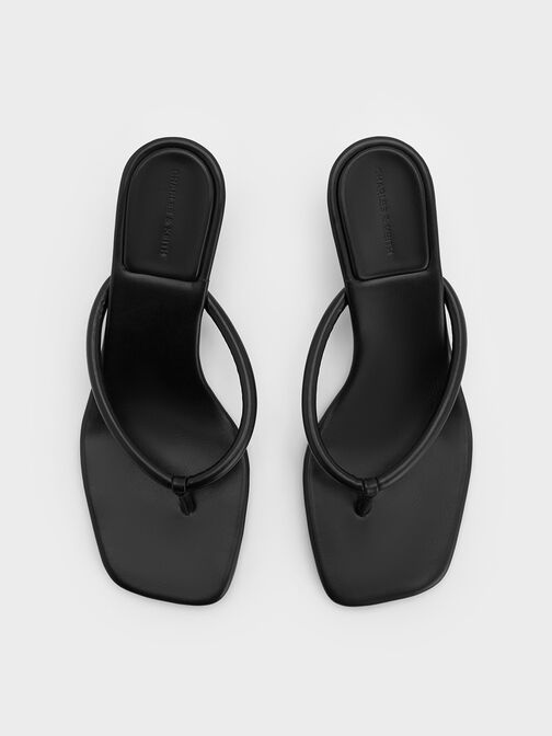 Square-Toe Kitten-Heel Thong Sandals, Black, hi-res