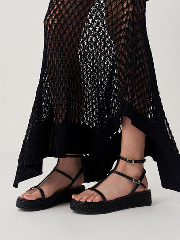 Leather T-Bar Espadrille Sandals, Black, hi-res