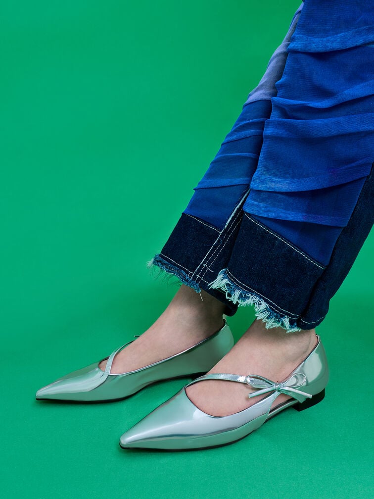 Metallic Pointed-Toe Bow-Strap Flats, Silver, hi-res
