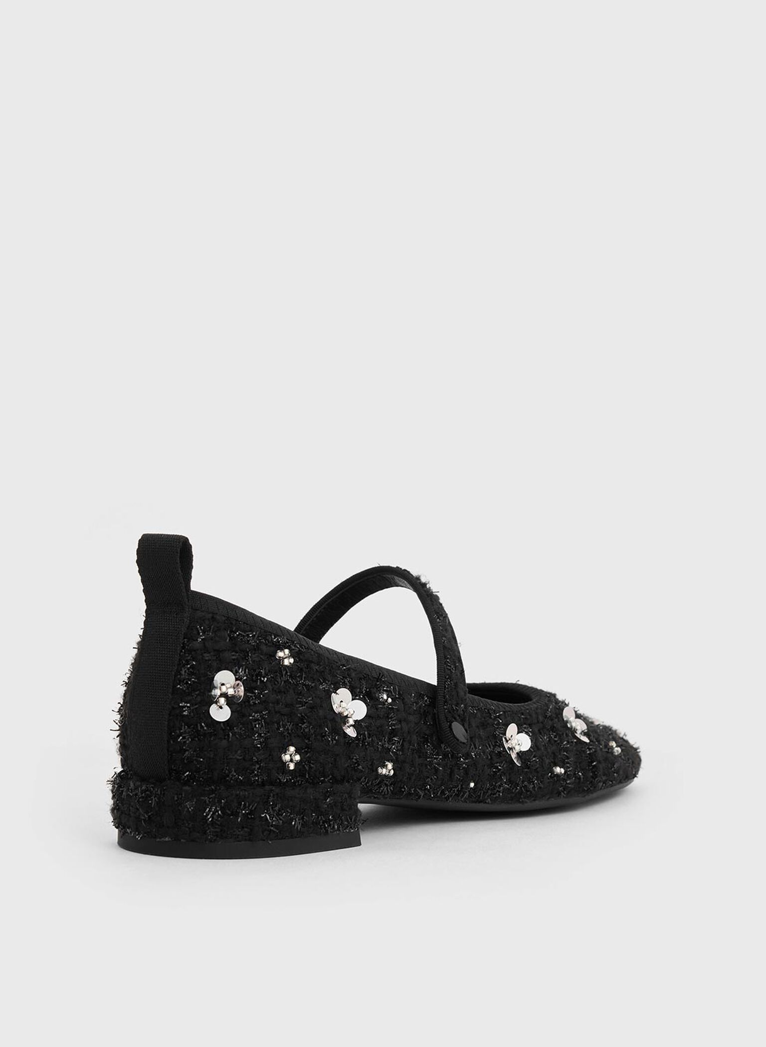 Tweed Flower-Embellished Mary Janes, Black Textured, hi-res