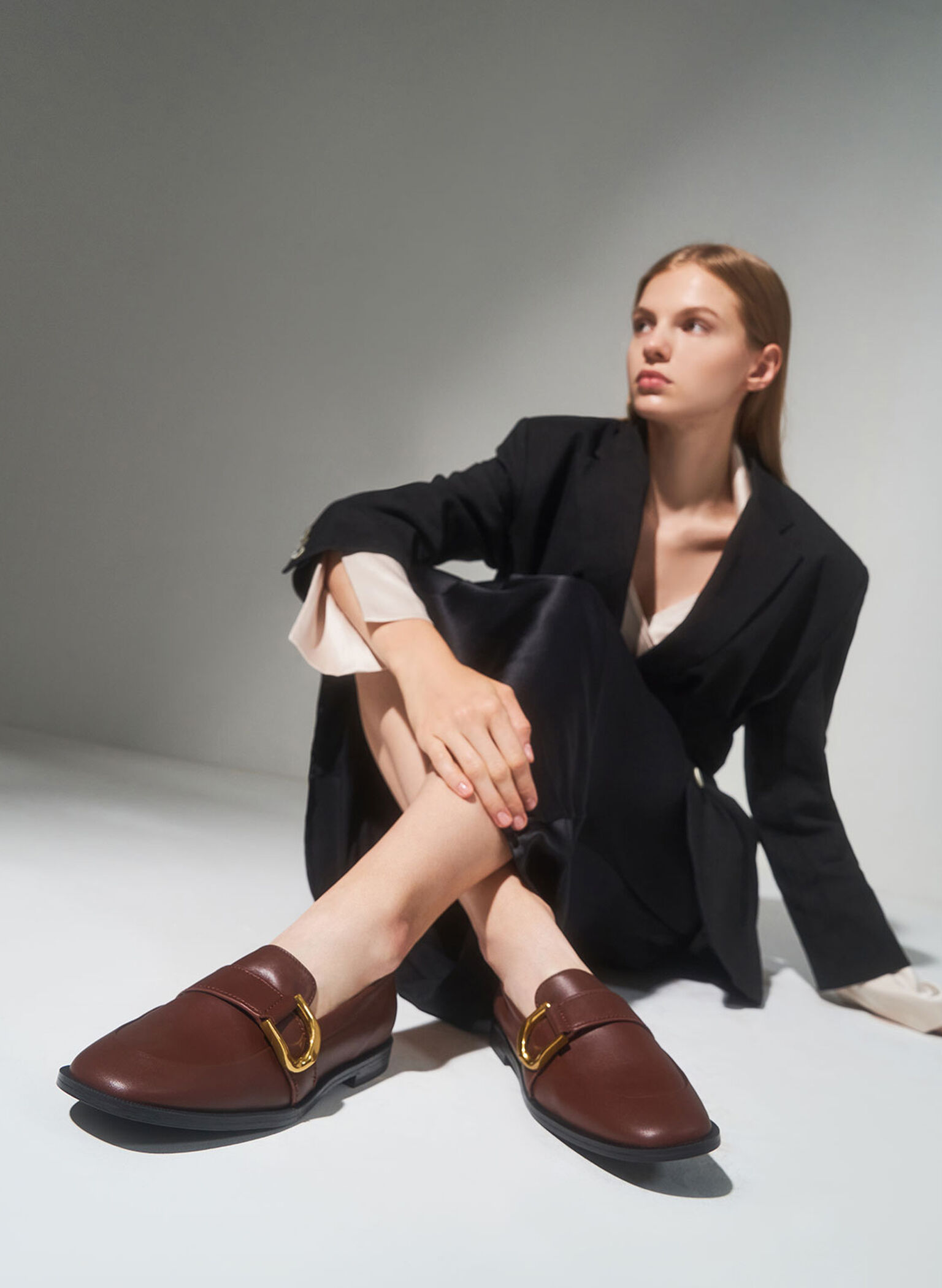 Gabine Buckled Leather Loafers​, Brown, hi-res
