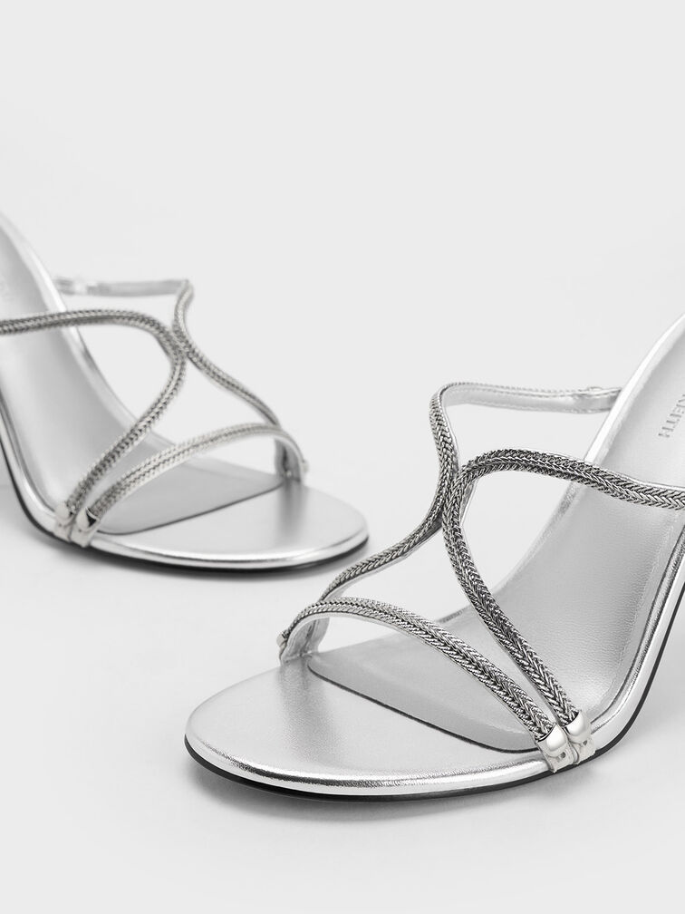 Silver Metallic Braided Strappy Heeled Mules - CHARLES & KEITH UK