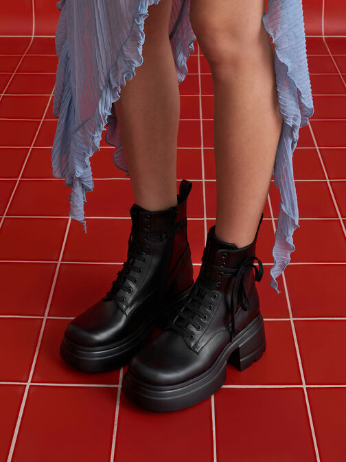 Lace-Up Chunky Ankle Boots, Black, hi-res