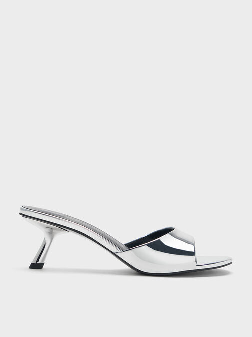 Metallic Slant Heel Mules, Silver, hi-res