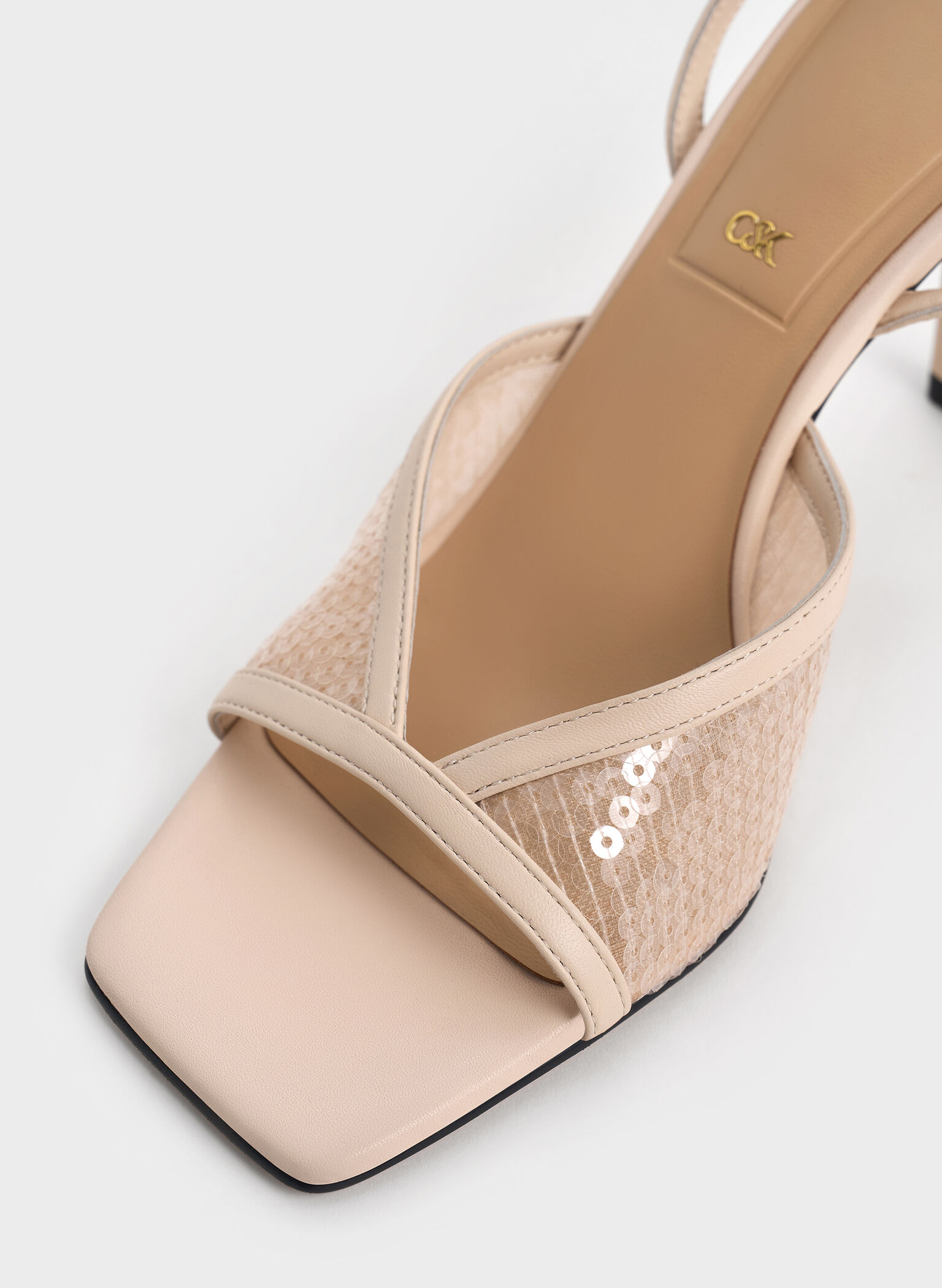 Sequin Mesh & Leather Ankle-Strap Heeled Sandals, Nude, hi-res