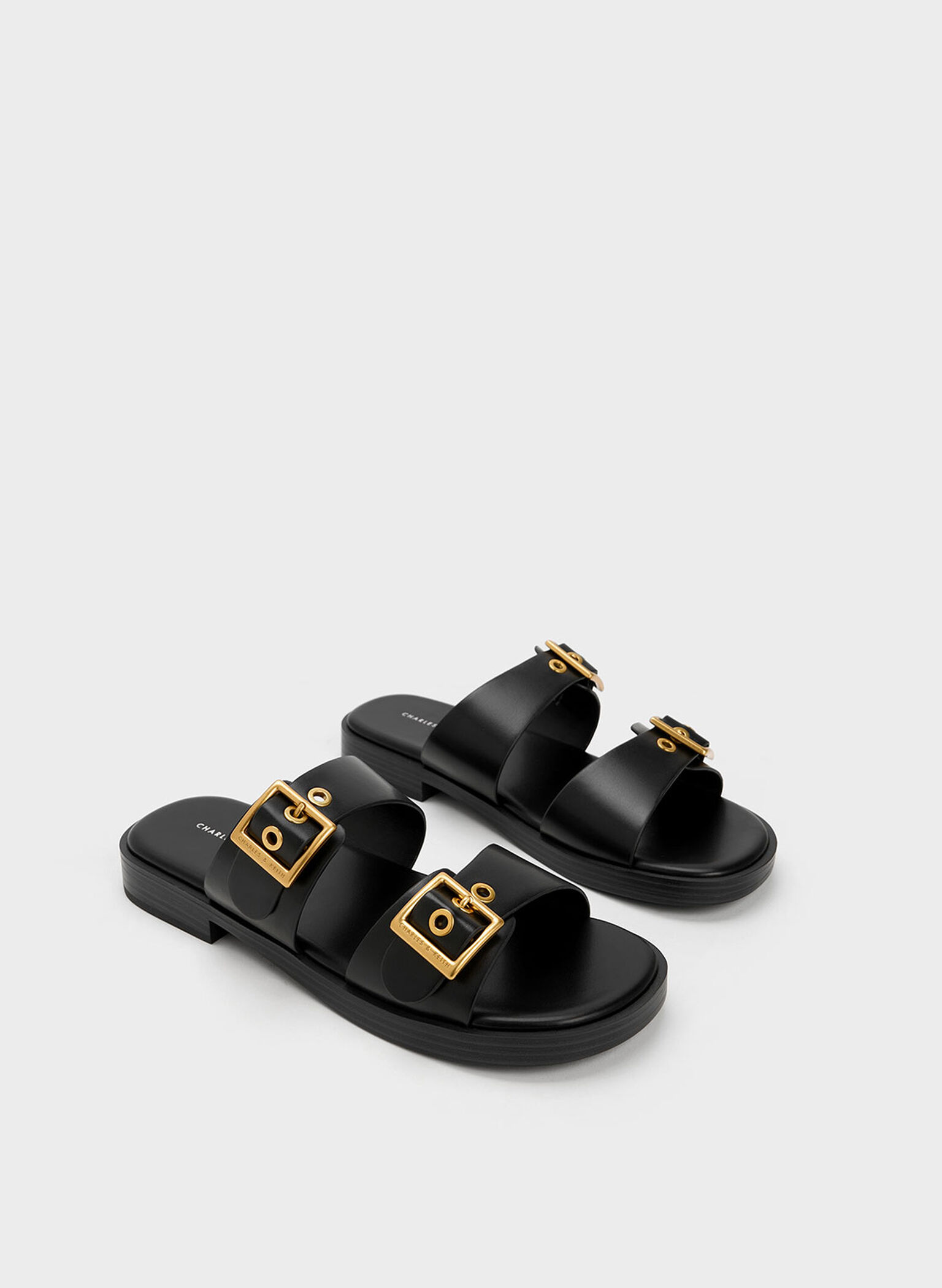 Buckled Double Strap Slide Sandals, Black, hi-res