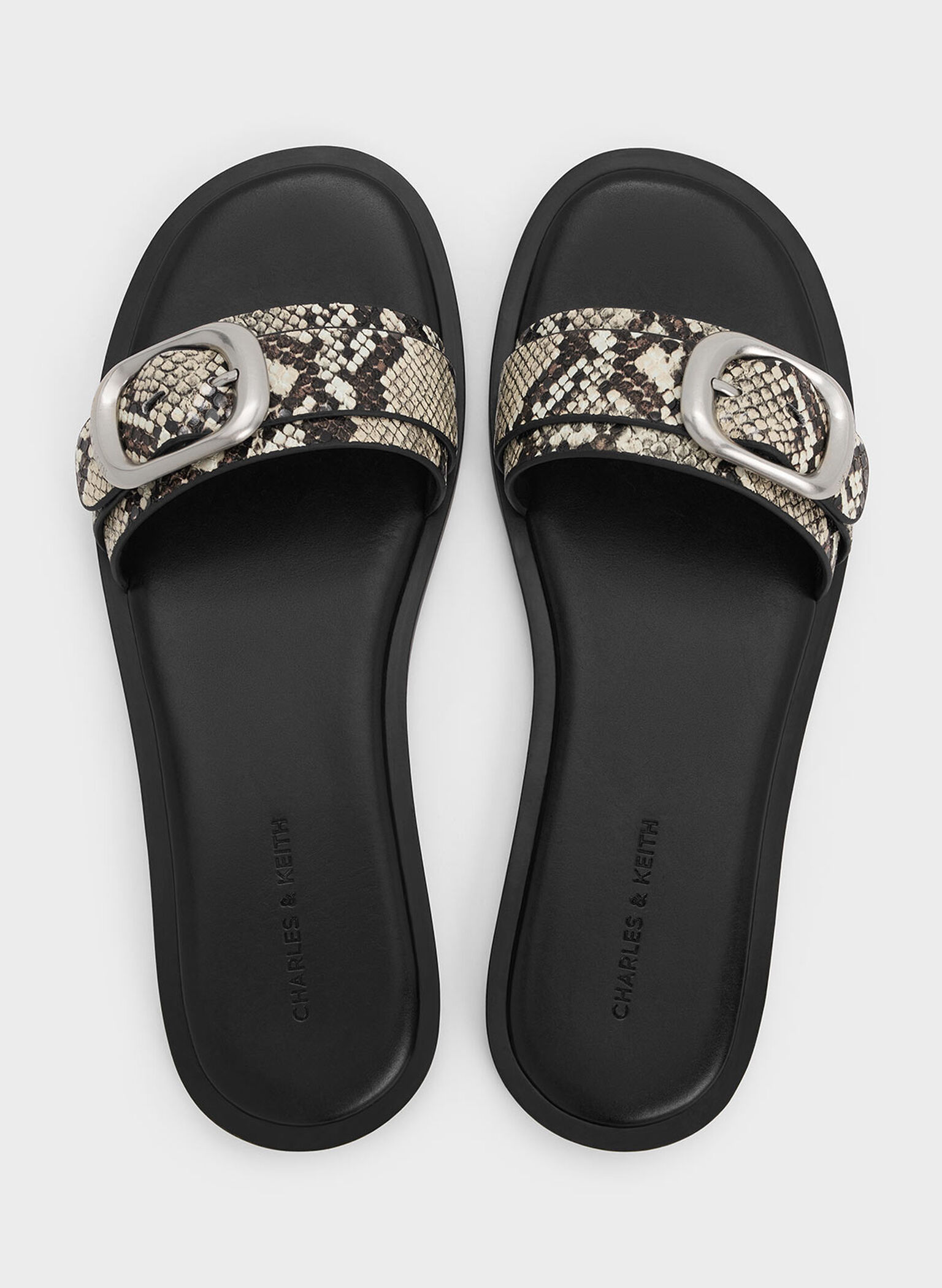 Snake-Print Buckle-Strap Slide Sandals, Animal Print Natural, hi-res