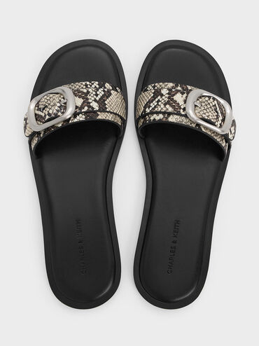 Snake-Print Buckle-Strap Slide Sandals, Animal Print Natural, hi-res