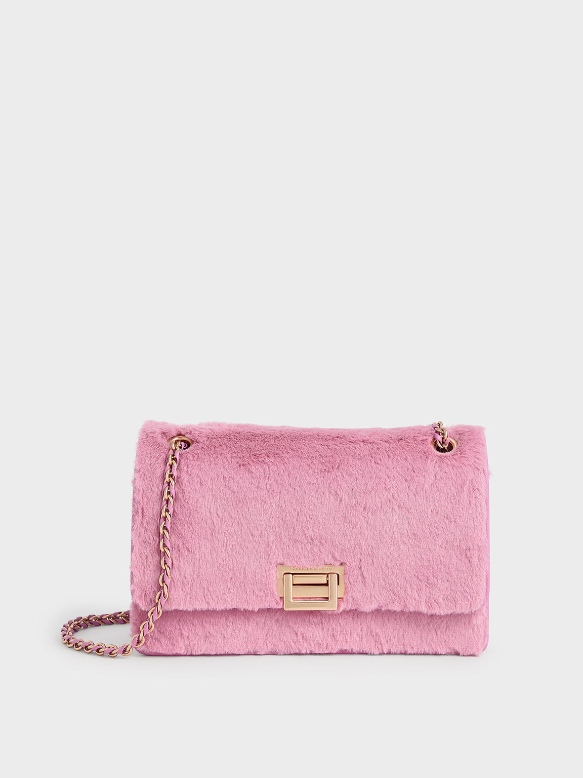 Textured Chain Shoulder Bag, Pink, hi-res