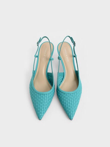 Woven Slingback Pumps, Turquoise, hi-res
