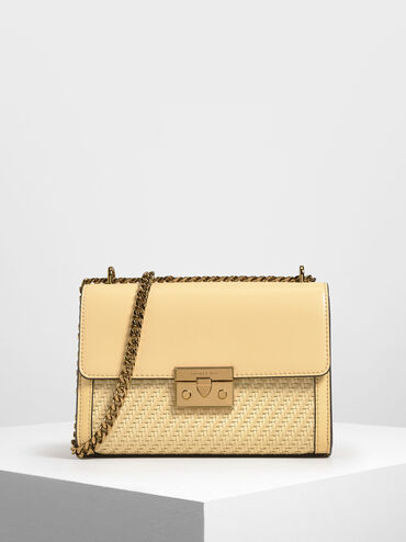Woven Detail Clutch, Yellow, hi-res