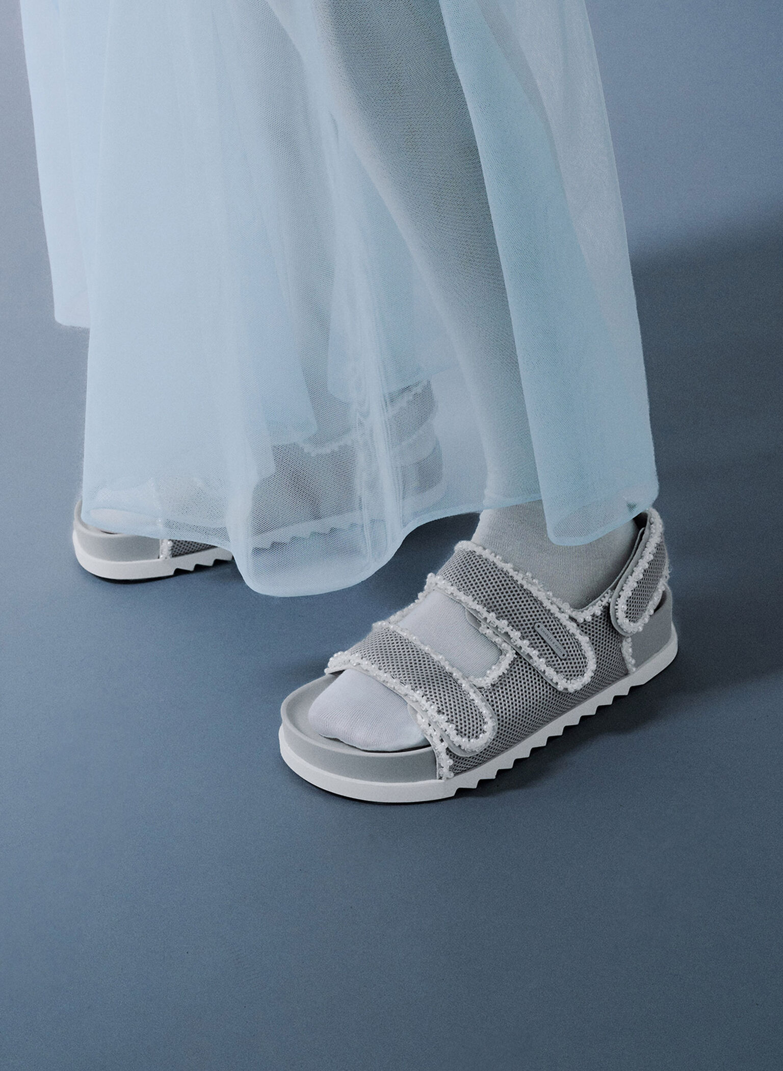 Mesh Pearl-Embellished Flatform Sandals, Silver, hi-res