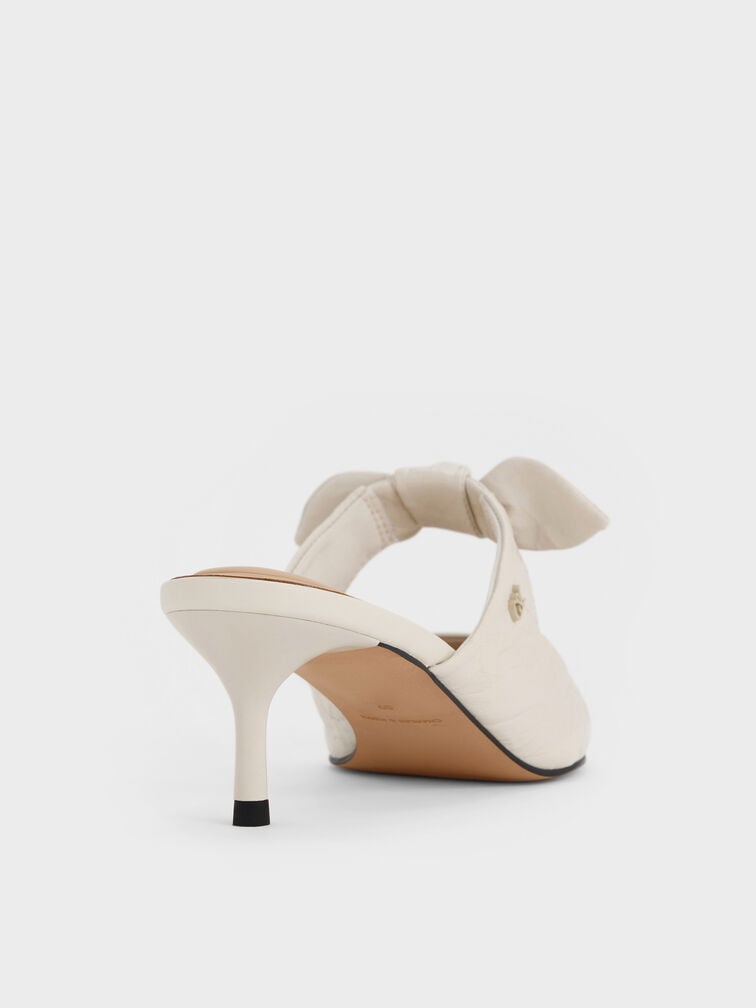 Jayce Crinkle-Effect Leather Knot-Bow Kitten-Heel Mules, White, hi-res