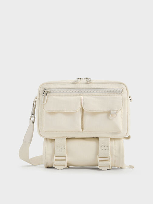 Soleil Nylon Multi-Pocket Crossbody Bag, Cream, hi-res