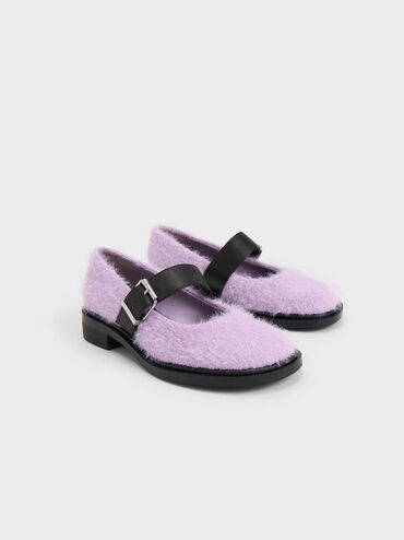 Leather Furry Mary Janes, Lilac, hi-res