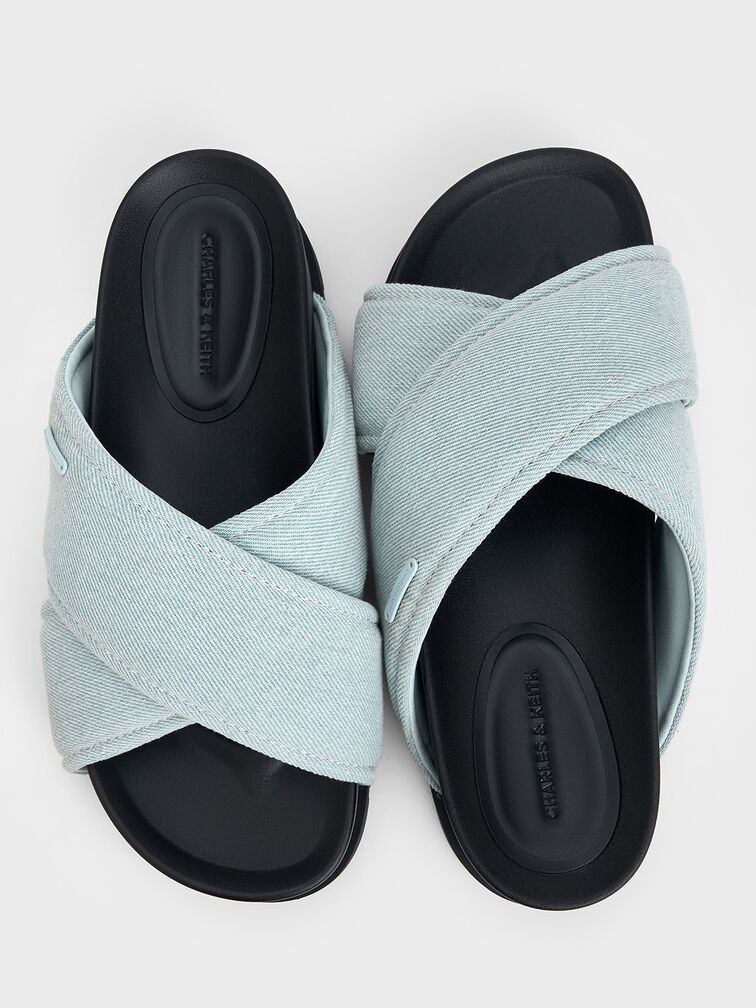 Denim Crossover-Strap Flatform Sandals, Light Blue, hi-res