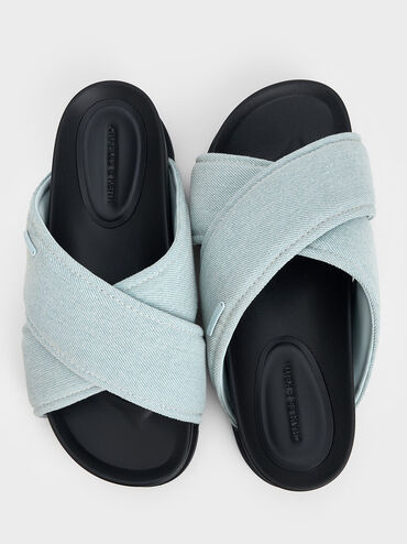 Denim Crossover-Strap Flatform Sandals, Light Blue, hi-res