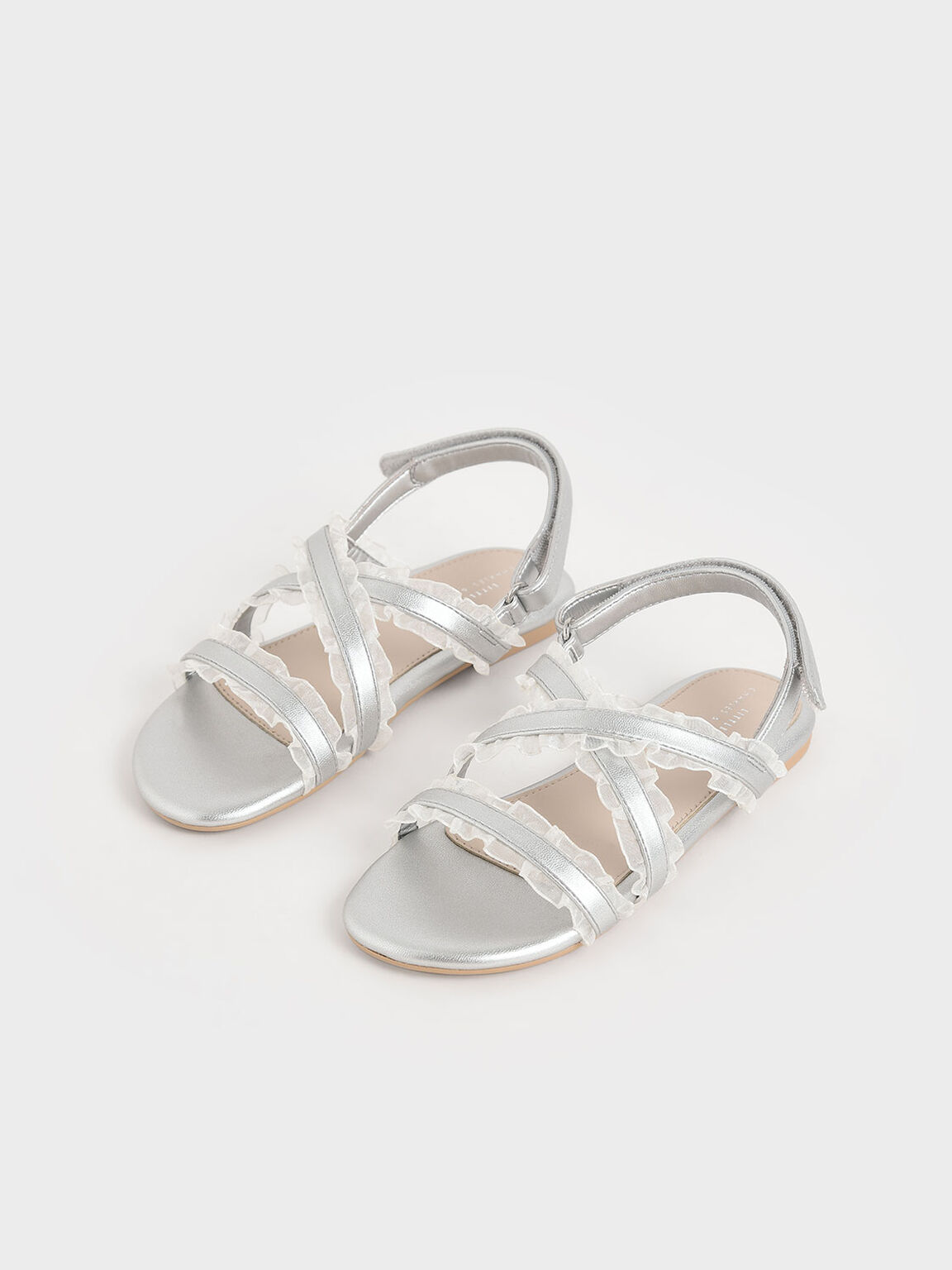 Girls' Metallic Frill-Trim Flat Sandals, Silver, hi-res