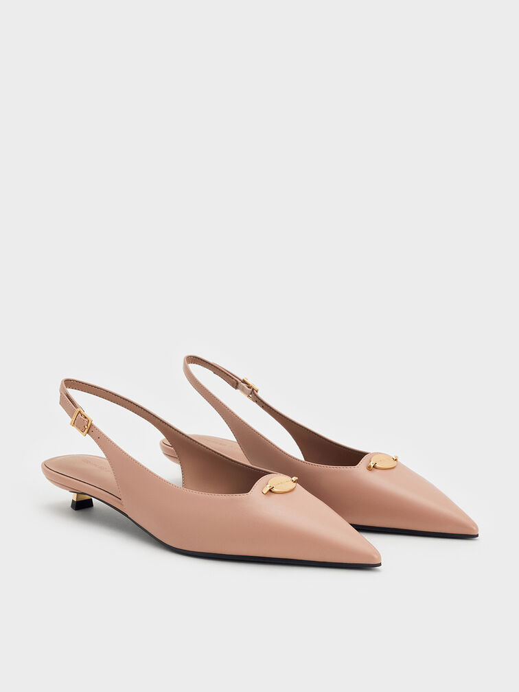 Metallic-Accent Kitten-Heel Slingback Pumps, Nude, hi-res