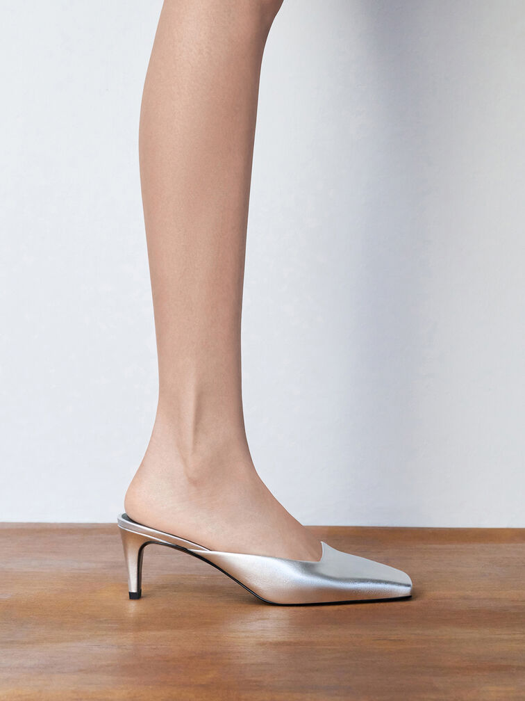 Metallic Square-Toe Blade-Heel Mules, Silver, hi-res