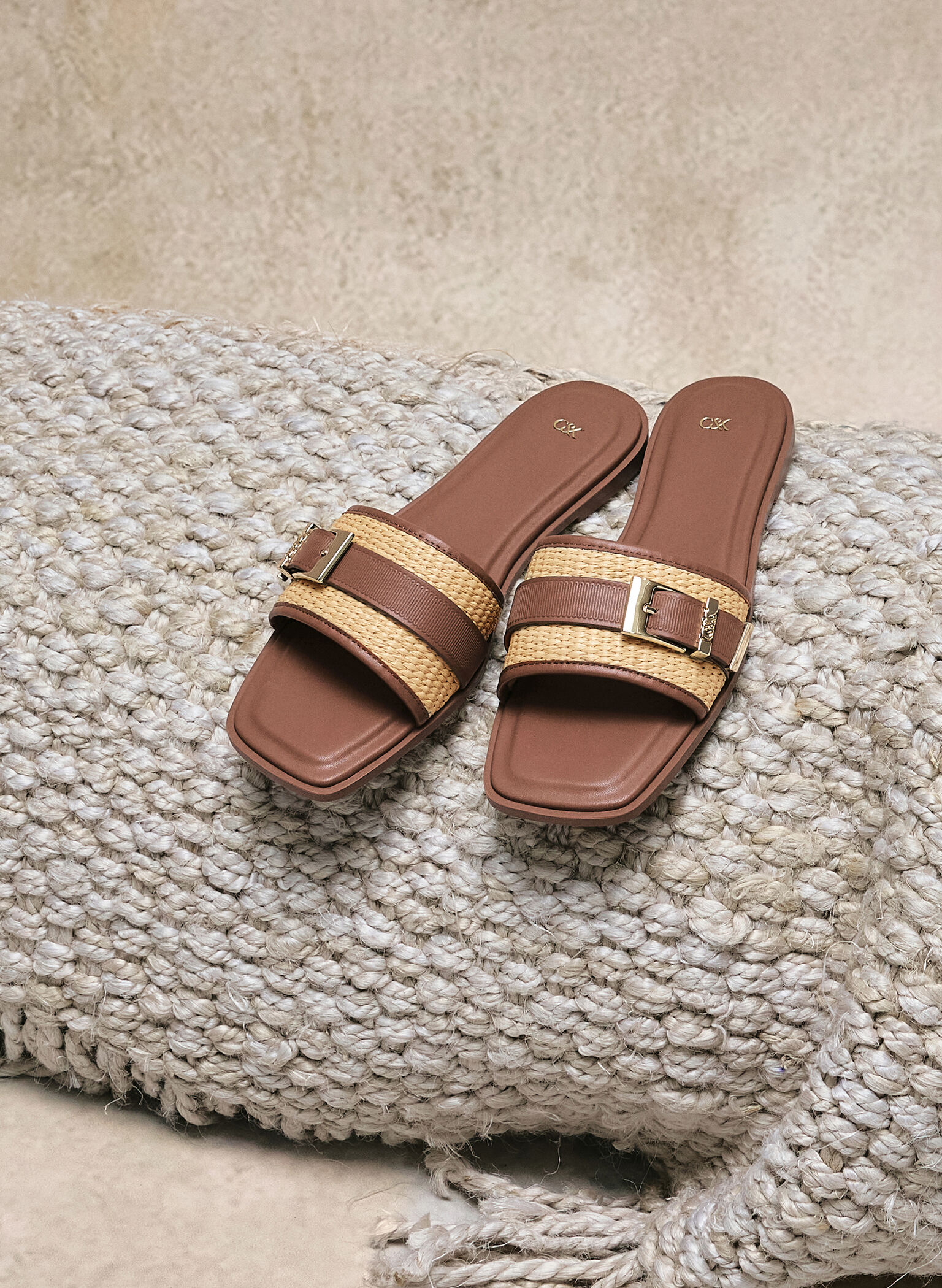 Whitney Leather & Raffia Buckled Slide Sandals, Brown, hi-res