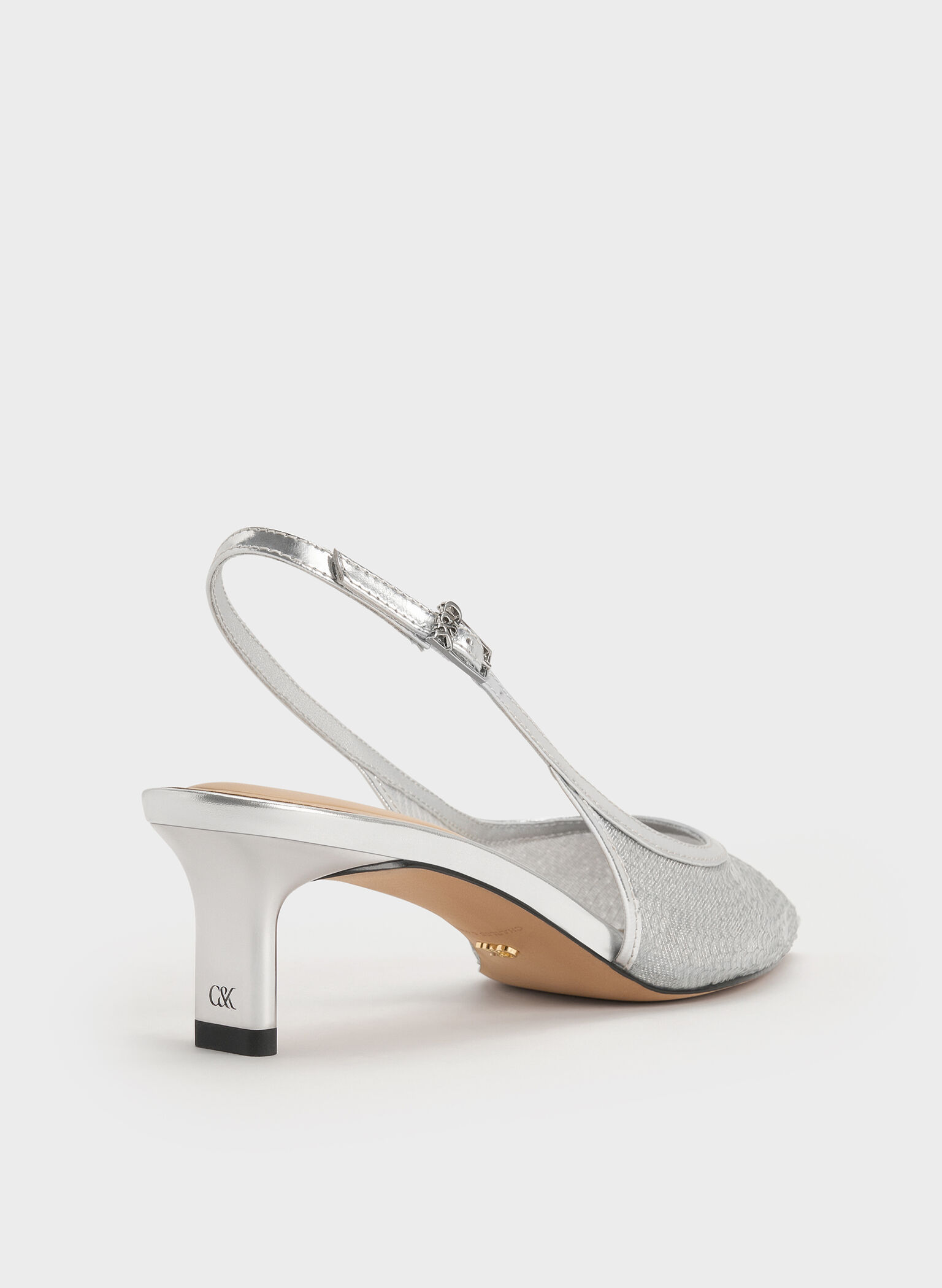 Sequin Mesh & Leather Slingback Kitten Heels, Silver, hi-res